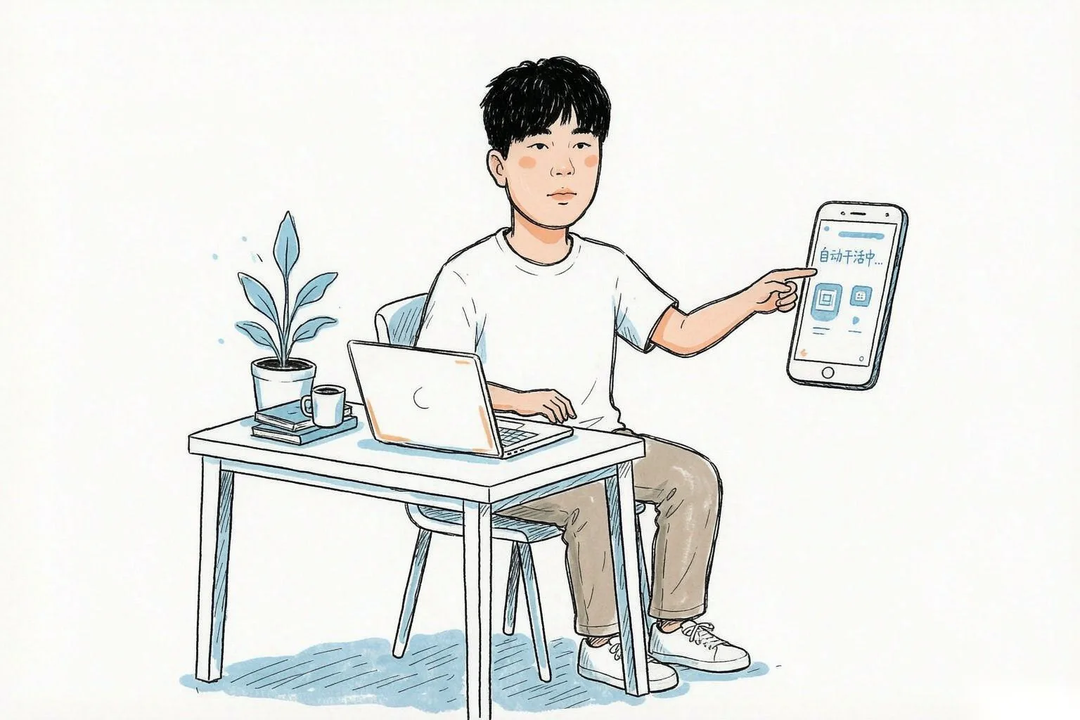 PangMao 坐着用笔记本电脑远程指挥手机干活,旁边绿植