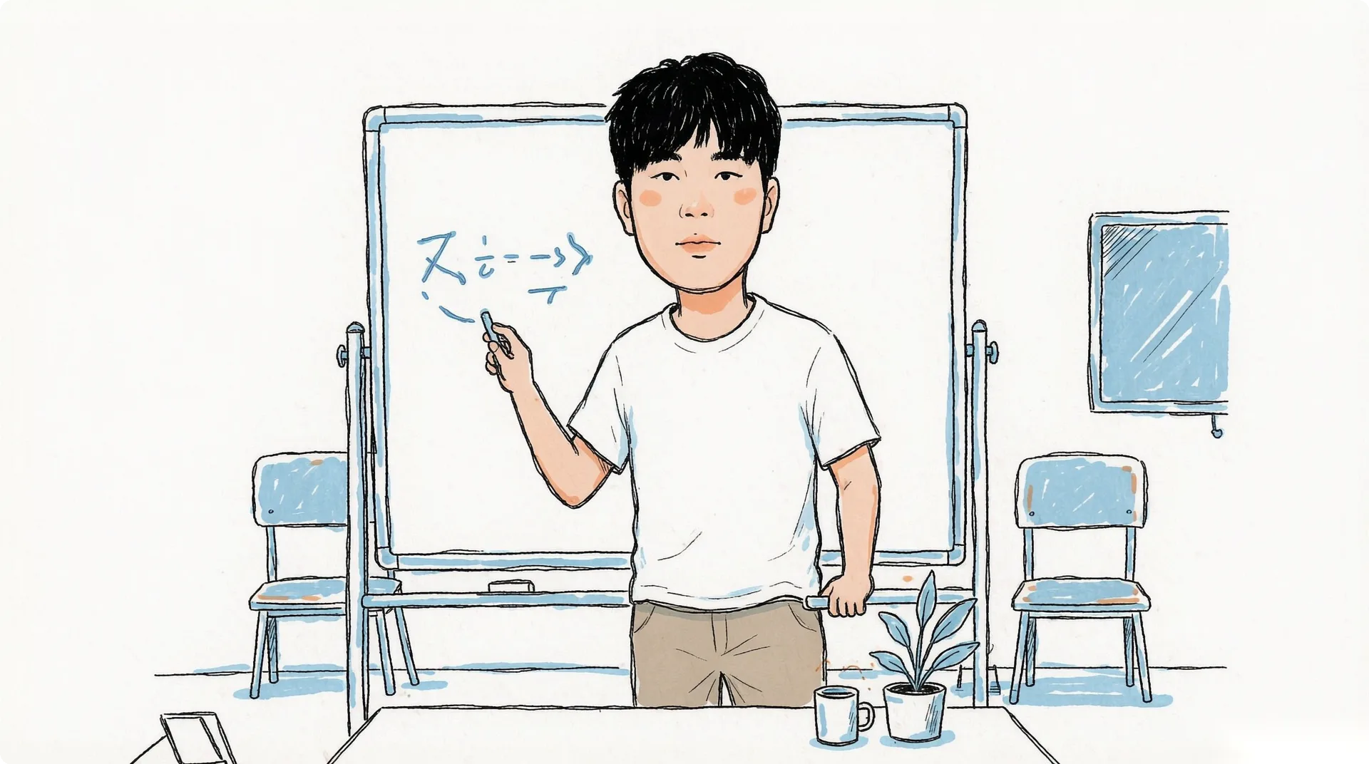 PangMao 站在白板前讲课