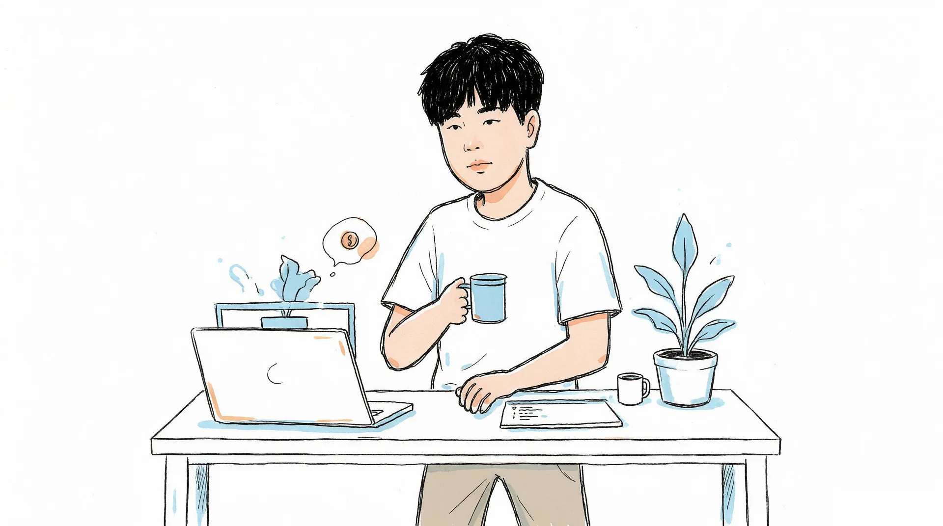 PangMao 端着杯子看笔记本